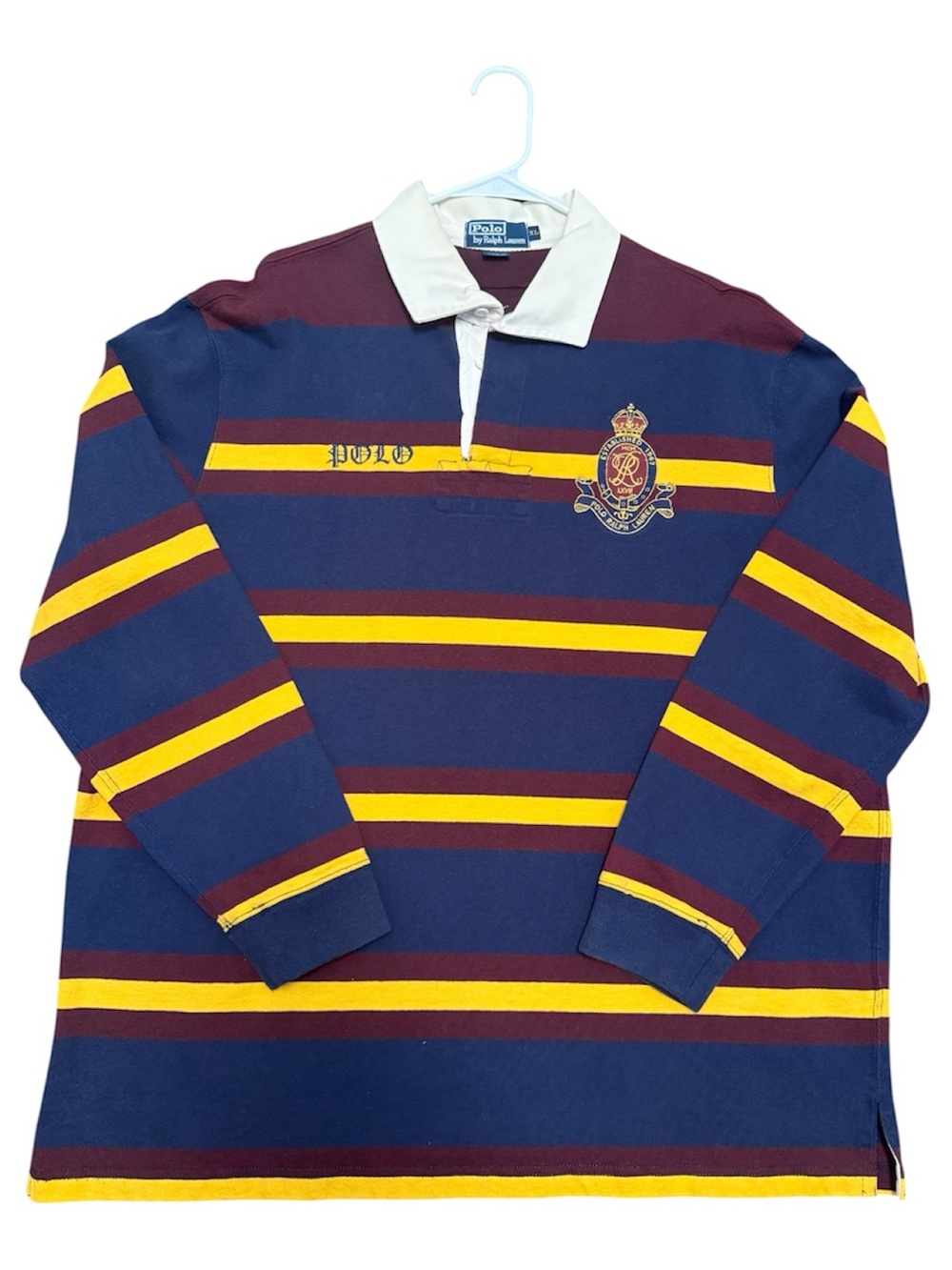 Vintage Polo Ralph Lauren Rugby Shirt XL Crest Number 8 Navy Burgundy Gold Y2K